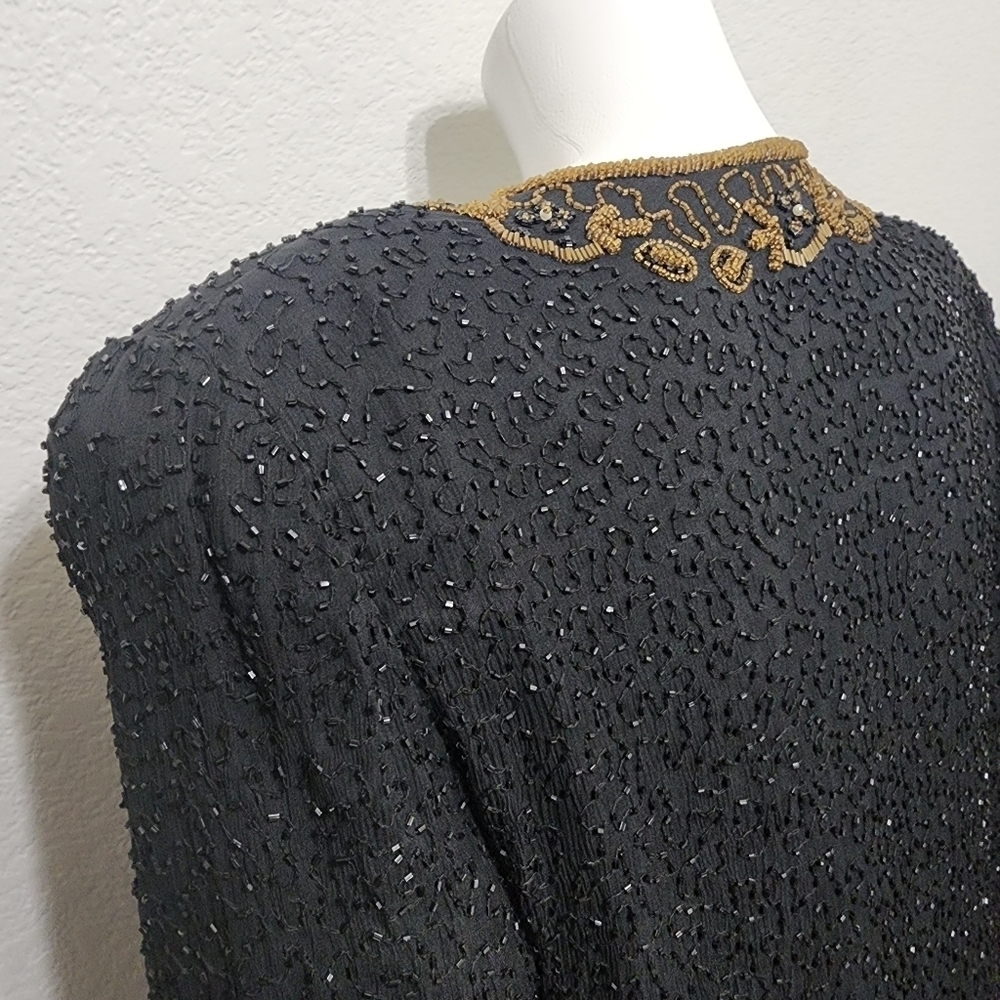Vintage Scala Black Silk Beaded Long Evening Jacket Size M - Picture 3 of 12
